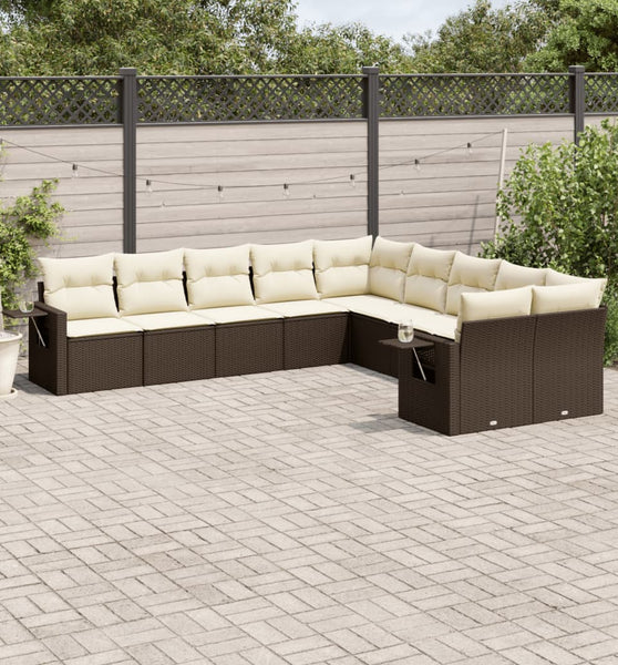 10-tlg. Garten-Sofagarnitur mit Kissen Braun Poly Rattan