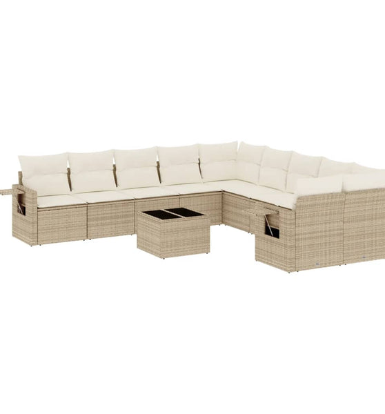 11-tlg. Garten-Sofagarnitur mit Kissen Beige Poly Rattan