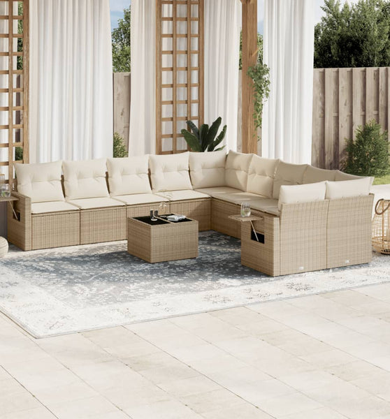11-tlg. Garten-Sofagarnitur mit Kissen Beige Poly Rattan