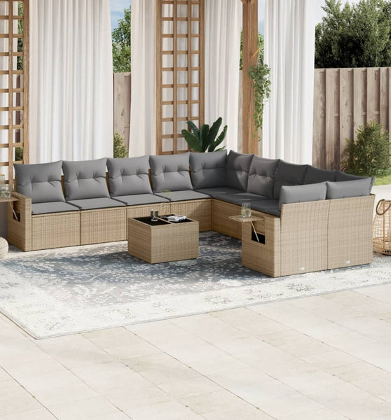 11-tlg. Garten-Sofagarnitur mit Kissen Beige Poly Rattan