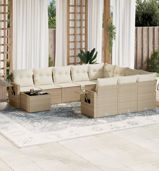 11-tlg. Garten-Sofagarnitur mit Kissen Beige Poly Rattan