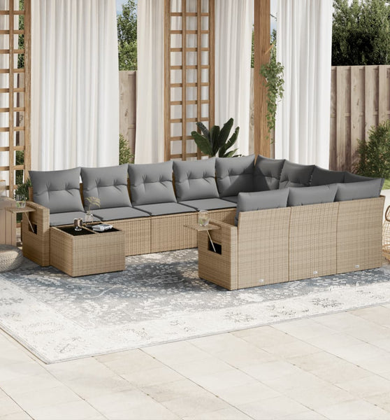 11-tlg. Garten-Sofagarnitur mit Kissen Beige Poly Rattan