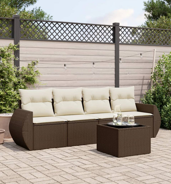 5-tlg. Garten-Sofagarnitur mit Kissen Braun Poly Rattan