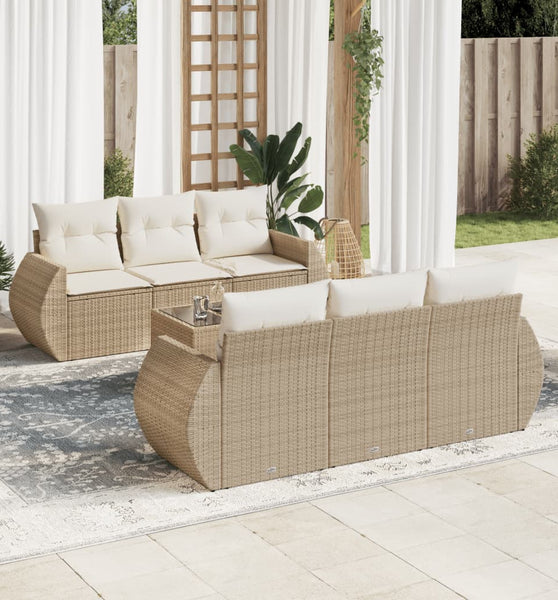 7-tlg. Garten-Sofagarnitur mit Kissen Beige Poly Rattan