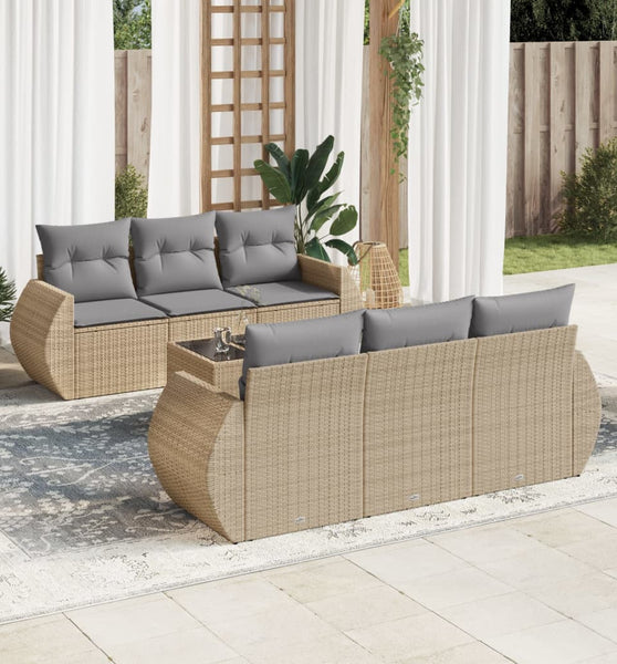 7-tlg. Garten-Sofagarnitur mit Kissen Beige Poly Rattan