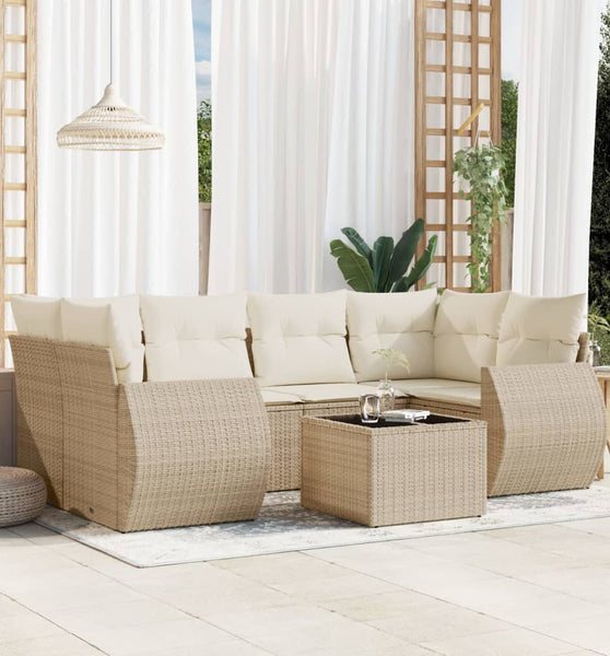 7-tlg. Garten-Sofagarnitur mit Kissen Beige Poly Rattan