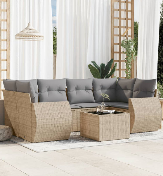 7-tlg. Garten-Sofagarnitur mit Kissen Beige Poly Rattan