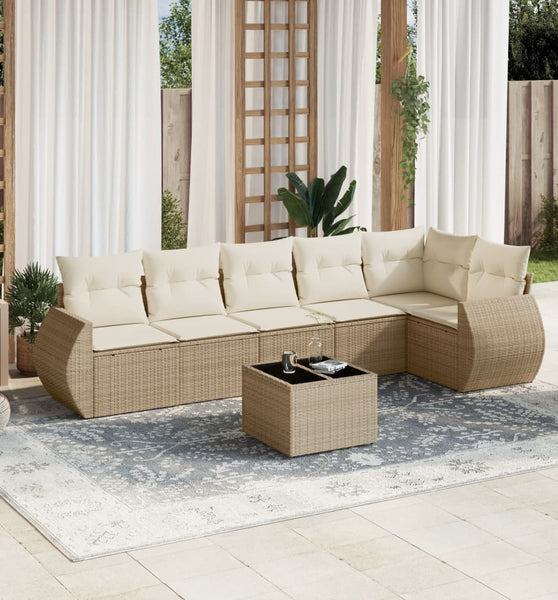 7-tlg. Garten-Sofagarnitur mit Kissen Beige Poly Rattan