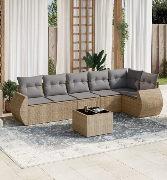 7-tlg. Garten-Sofagarnitur mit Kissen Beige Poly Rattan