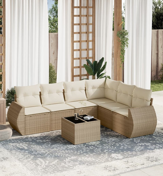 7-tlg. Garten-Sofagarnitur mit Kissen Beige Poly Rattan