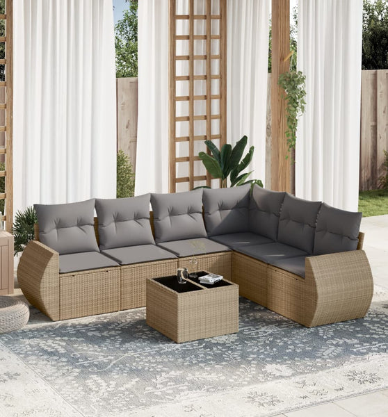 7-tlg. Garten-Sofagarnitur mit Kissen Beige Poly Rattan