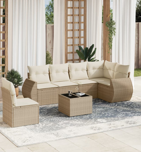 7-tlg. Garten-Sofagarnitur mit Kissen Beige Poly Rattan