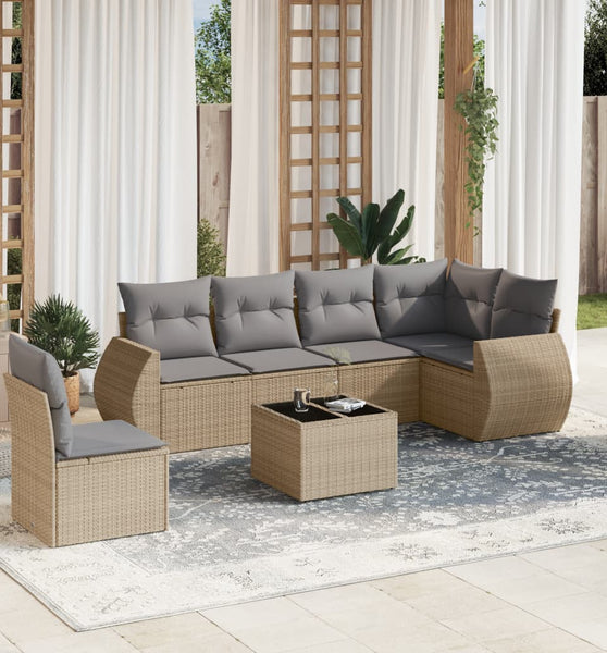 7-tlg. Garten-Sofagarnitur mit Kissen Beige Poly Rattan