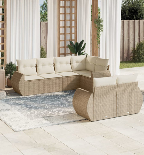 7-tlg. Garten-Sofagarnitur mit Kissen Beige Poly Rattan