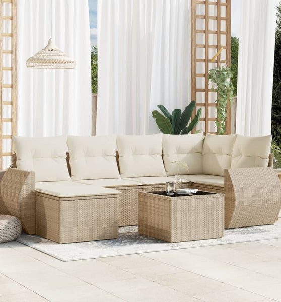 7-tlg. Garten-Sofagarnitur mit Kissen Beige Poly Rattan