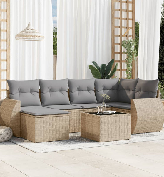 7-tlg. Garten-Sofagarnitur mit Kissen Beige Poly Rattan