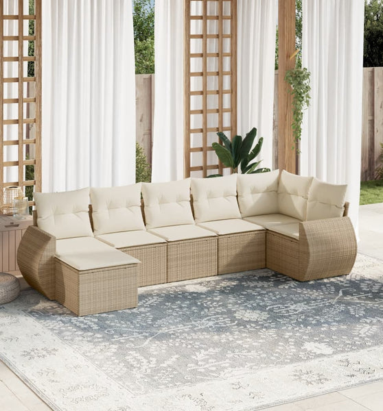 7-tlg. Garten-Sofagarnitur mit Kissen Beige Poly Rattan
