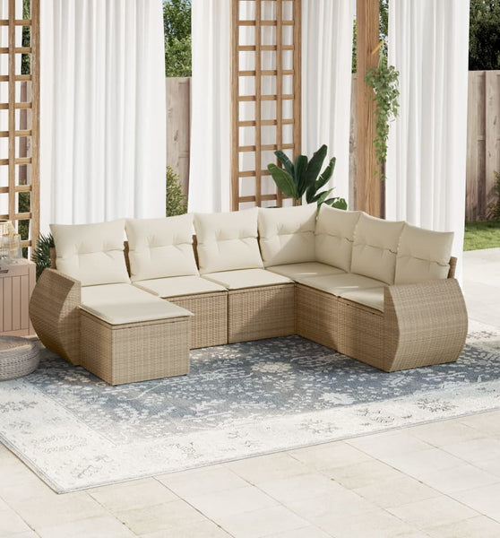 7-tlg. Garten-Sofagarnitur mit Kissen Beige Poly Rattan