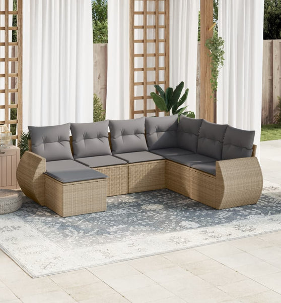 7-tlg. Garten-Sofagarnitur mit Kissen Beige Poly Rattan