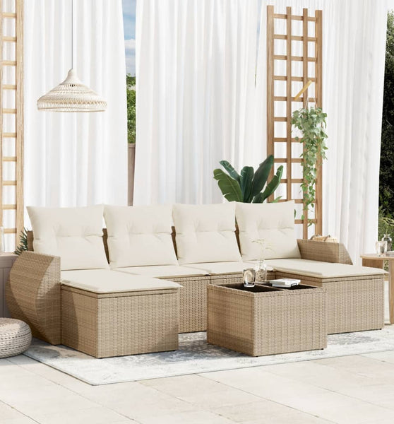 7-tlg. Garten-Sofagarnitur mit Kissen Beige Poly Rattan