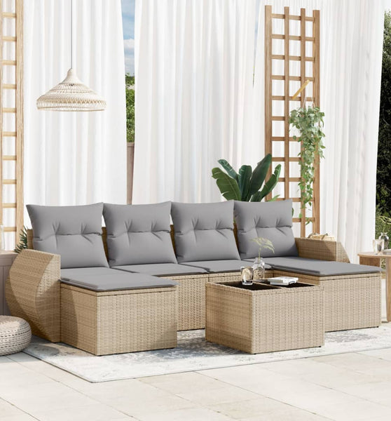 7-tlg. Garten-Sofagarnitur mit Kissen Beige Poly Rattan