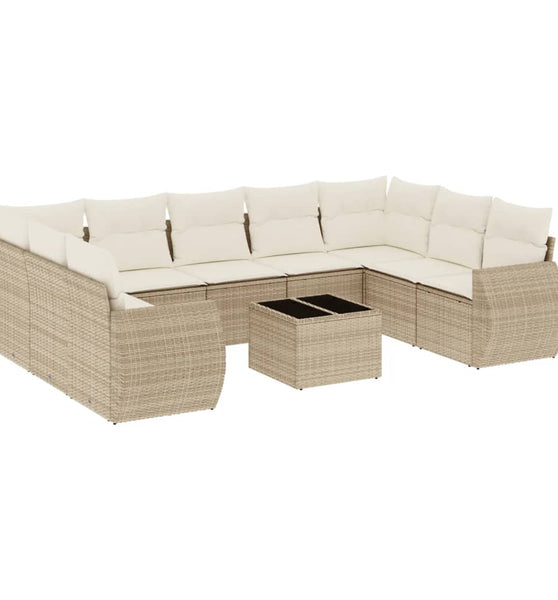 10-tlg. Garten-Sofagarnitur mit Kissen Beige Poly Rattan