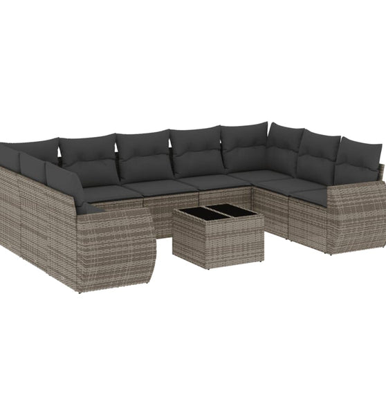 10-tlg. Garten-Sofagarnitur mit Kissen Grau Poly Rattan