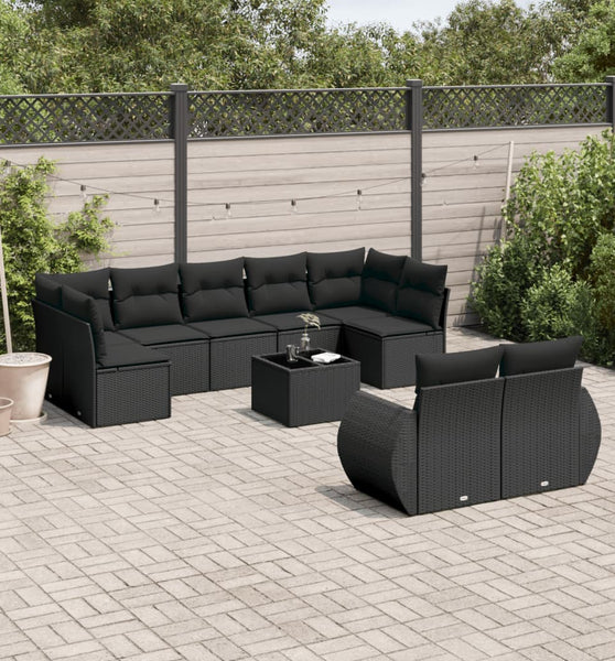 10-tlg. Garten-Sofagarnitur mit Kissen Schwarz Poly Rattan