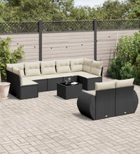 10-tlg. Garten-Sofagarnitur mit Kissen Schwarz Poly Rattan