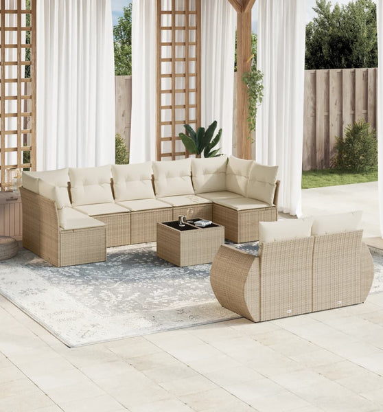 10-tlg. Garten-Sofagarnitur mit Kissen Beige Poly Rattan