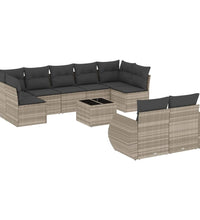 10-tlg. Garten-Sofagarnitur mit Kissen Hellgrau Poly Rattan