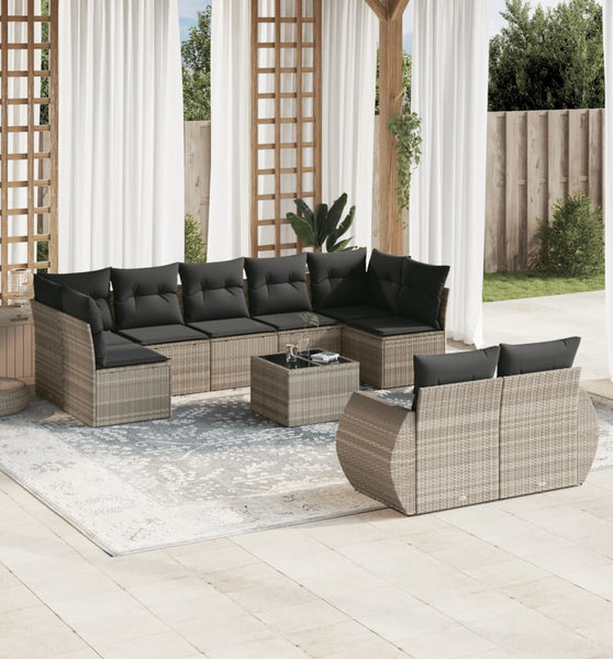 10-tlg. Garten-Sofagarnitur mit Kissen Hellgrau Poly Rattan