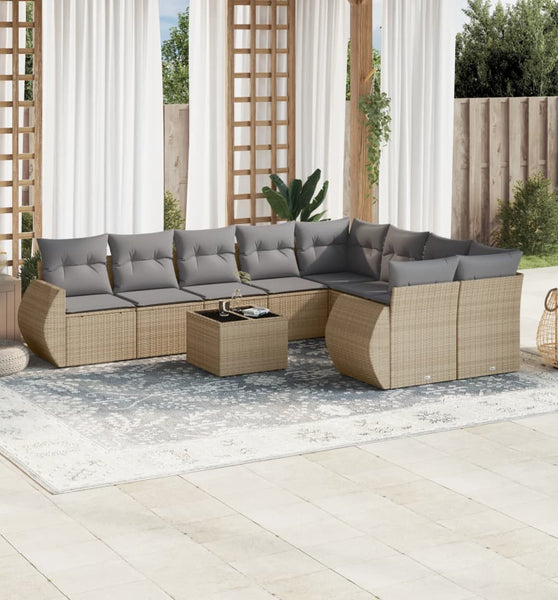10-tlg. Garten-Sofagarnitur mit Kissen Beige Poly Rattan