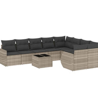 10-tlg. Garten-Sofagarnitur mit Kissen Hellgrau Poly Rattan