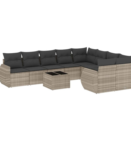 10-tlg. Garten-Sofagarnitur mit Kissen Hellgrau Poly Rattan