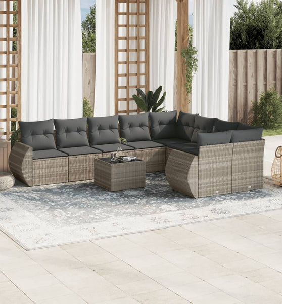 10-tlg. Garten-Sofagarnitur mit Kissen Hellgrau Poly Rattan