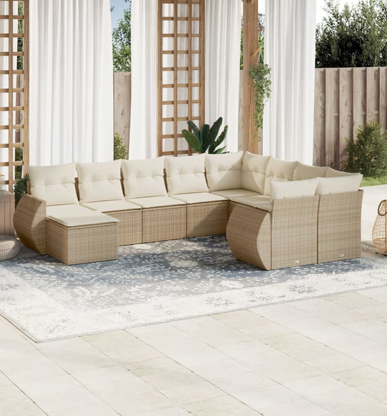 10-tlg. Garten-Sofagarnitur mit Kissen Beige Poly Rattan
