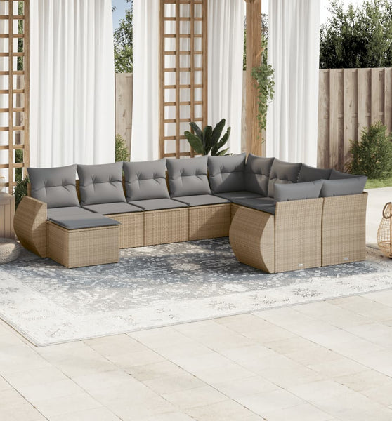 10-tlg. Garten-Sofagarnitur mit Kissen Beige Poly Rattan