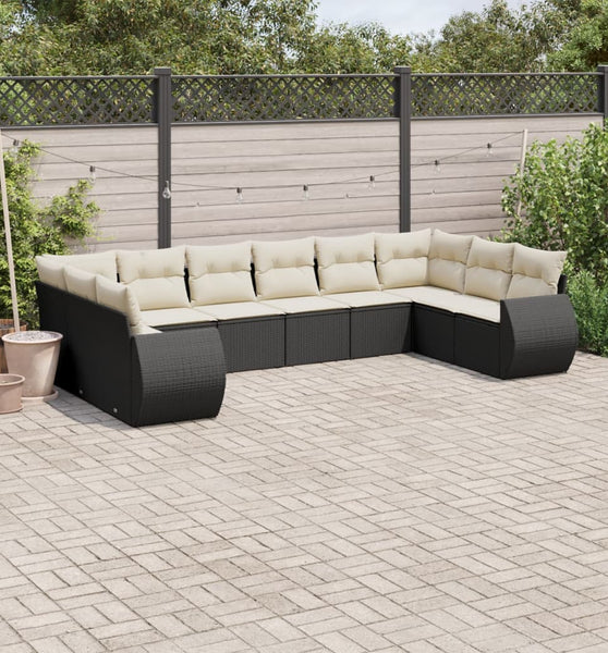 10-tlg. Garten-Sofagarnitur mit Kissen Schwarz Poly Rattan