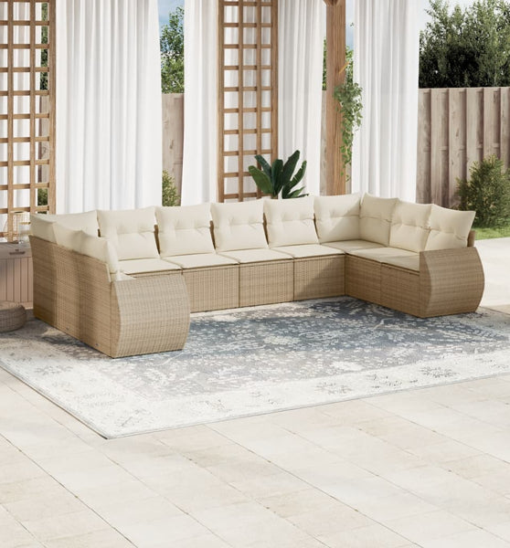 10-tlg. Garten-Sofagarnitur mit Kissen Beige Poly Rattan