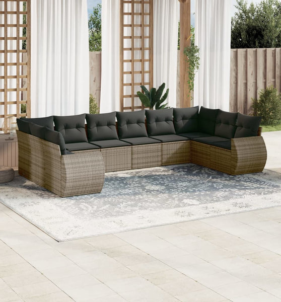 10-tlg. Garten-Sofagarnitur mit Kissen Grau Poly Rattan