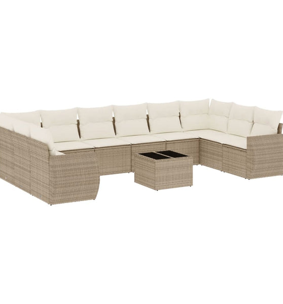 11-tlg. Garten-Sofagarnitur mit Kissen Beige Poly Rattan