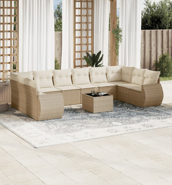 11-tlg. Garten-Sofagarnitur mit Kissen Beige Poly Rattan