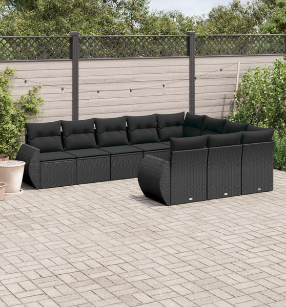 10-tlg. Garten-Sofagarnitur mit Kissen Schwarz Poly Rattan