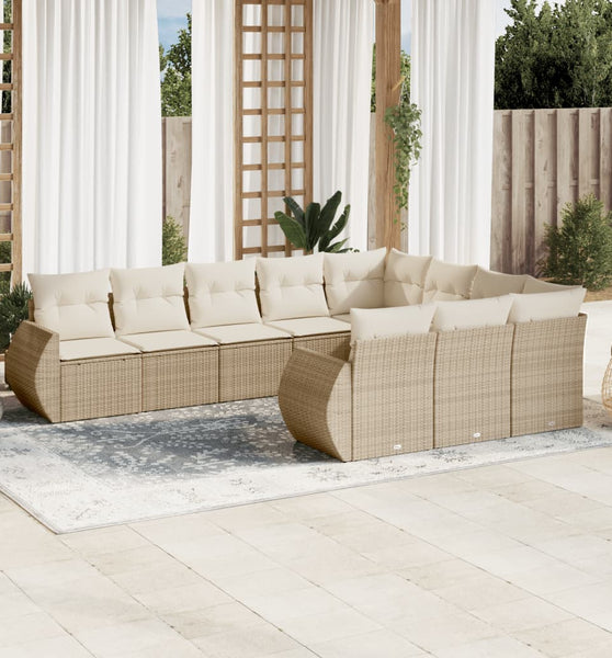 10-tlg. Garten-Sofagarnitur mit Kissen Beige Poly Rattan