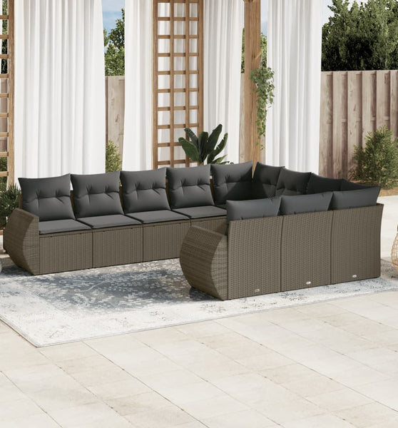 10-tlg. Garten-Sofagarnitur mit Kissen Hellgrau Poly Rattan