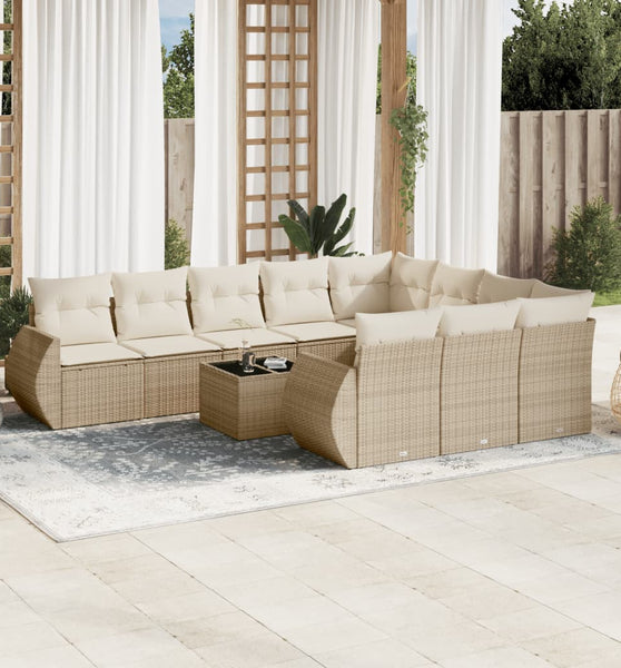 11-tlg. Garten-Sofagarnitur mit Kissen Beige Poly Rattan