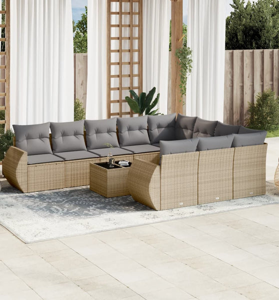 11-tlg. Garten-Sofagarnitur mit Kissen Beige Poly Rattan