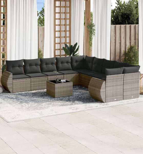 10-tlg. Garten-Sofagarnitur mit Kissen Grau Poly Rattan