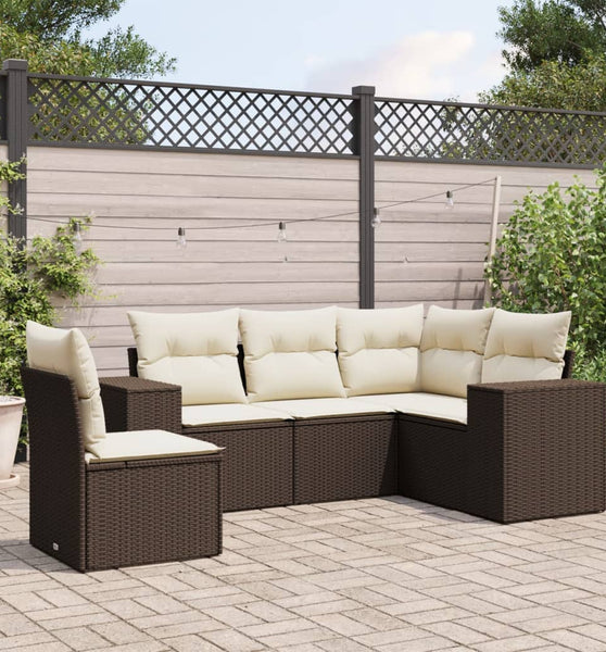 5-tlg. Garten-Sofagarnitur mit Kissen Braun Poly Rattan